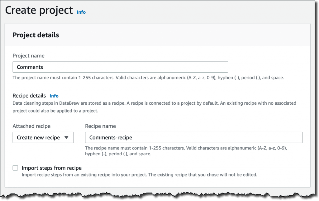 Creating New AWS DataBrew Project